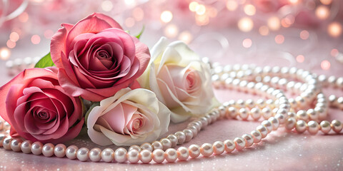 Elegant arrangement of soft pink and white roses intertwined with pearls on a pearly pink background, perfect for Valentine's Day, weddings, Mother's Day, and romantic floral designs.