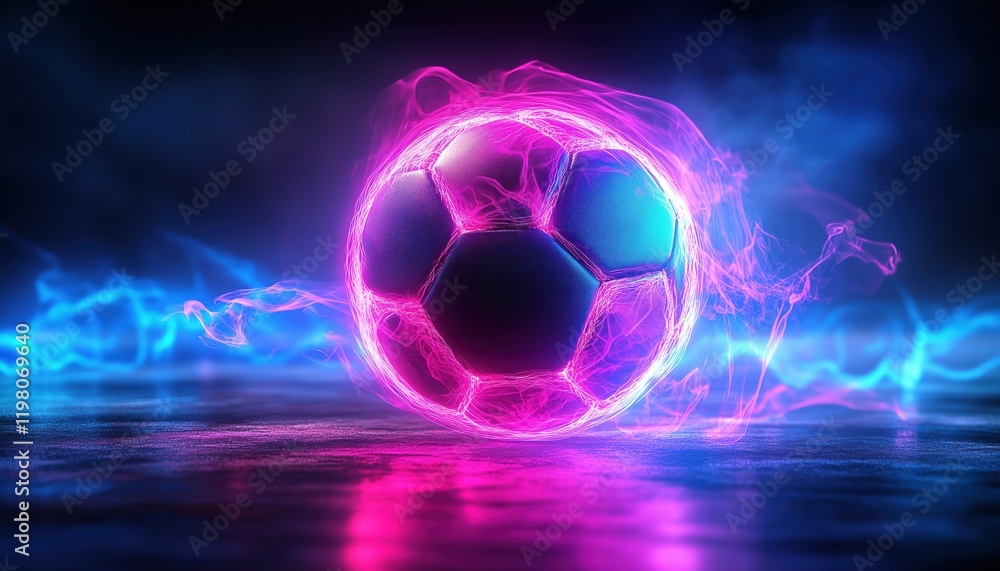 Poster illuminated football: dark neon light effect in a rendered image. a dynamic and visually striking re