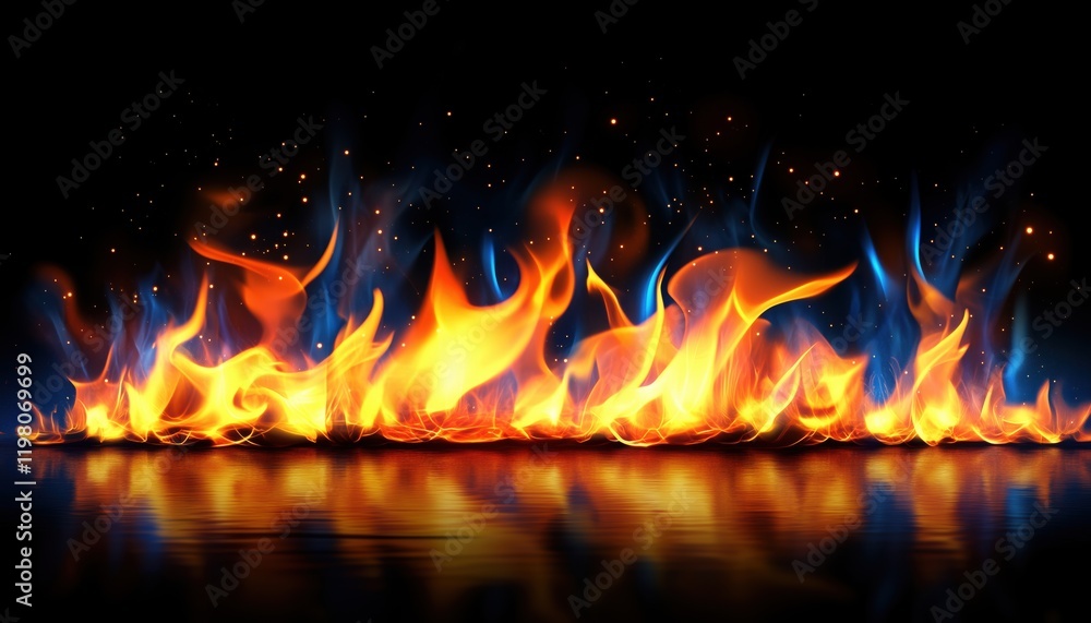 Poster bright flames dancing in the dark night, rising and moving with blurred edges, creating a mesmerizin