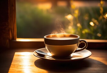 Fototapeta premium serene visual empty coffee cup sitting calmly rustic wooden table evokes sense tranquility simplicity, beverage, drinkware, mug, ceramics, kitchenware, home