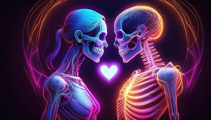 Naklejka premium Two skeletons with glowing hearts in their hands