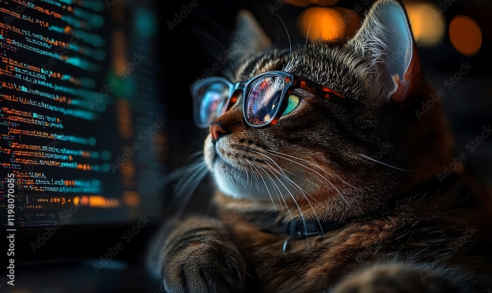 Poster a curious cat gazes at glowing computer code