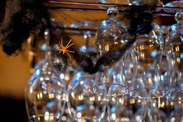 A spider is sitting on top of a spider web hanging from a string of wine glasses