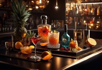 Naklejka premium elegant arrangement vivid cocktail ingredients modern sleek bar counter striking visual appeal, glass, shaker, garnish, straw, ice, jigger, lime, mint