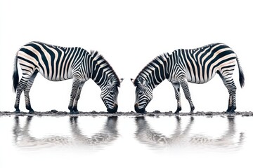 Naklejka premium Two zebras grazing side by side, reflecting in a shallow water pool, showcasing their striking black and white stripes.