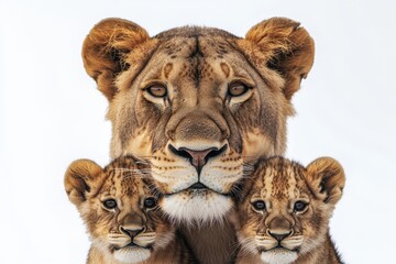 Obraz premium A majestic lioness poses with her two playful cubs, showcasing their bond and the beauty of wildlife in a serene setting.