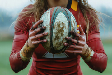 Female rugby player holds dirty rugby ball. Active, focused on sport. Ready for play practice. Outdoor setting on grass. Woman athlete in action demonstrates dedication, passion. Activewear.