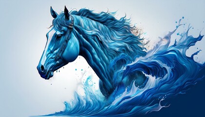 double exposure of horse and waves blue dripping color and splashes nature in water background ai generative