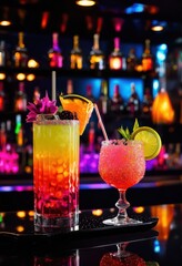 colorful eye catching cocktail creations displayed glossy bar surface stunning visual experience, alcoholic, beverages, scene, bubbly, drinks