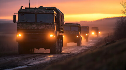 Convoy of military trucks in camo colors driving at sunset with illuminated lights, emphasizing the scale of operation