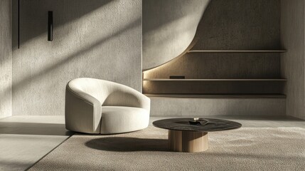 Room, armchair, table, carpet, shelves, shadows, light, wall, illuminated, design, home