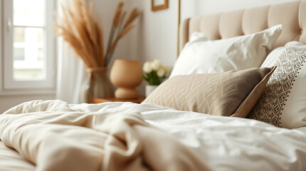 Cozy and Serene Bedroom Interior: Luxurious Bedding and Calming Ambiance. Discover the art of peaceful relaxation in this exquisitely designed bedroom setting.