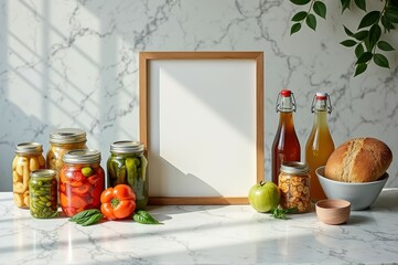 Home preserved vegetables and fresh bread with blank frame in modern kitchen setting