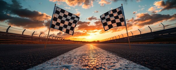 Checkered flags waving on a race track at sunset