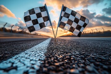 Sunset race track with waving checkered flags