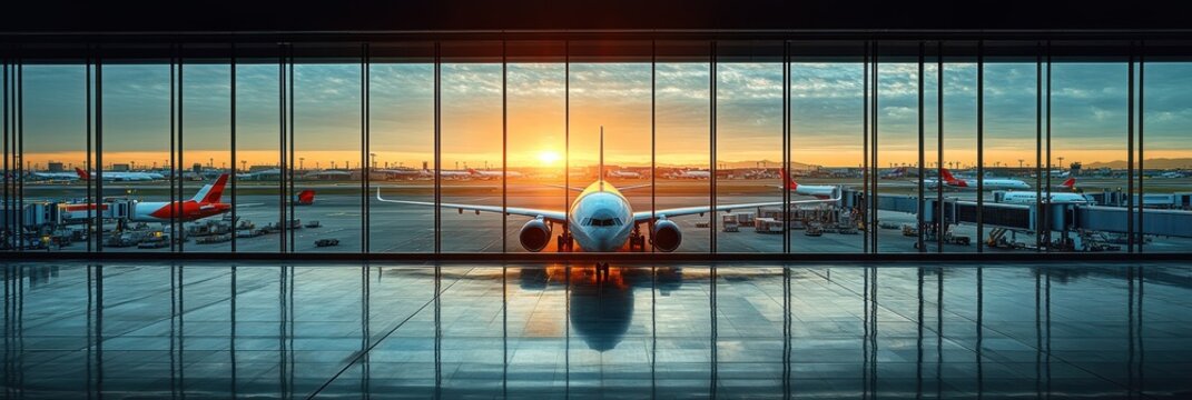 Fototapeta Modern airport interior features large panoramic windows with sunset view over the runway
