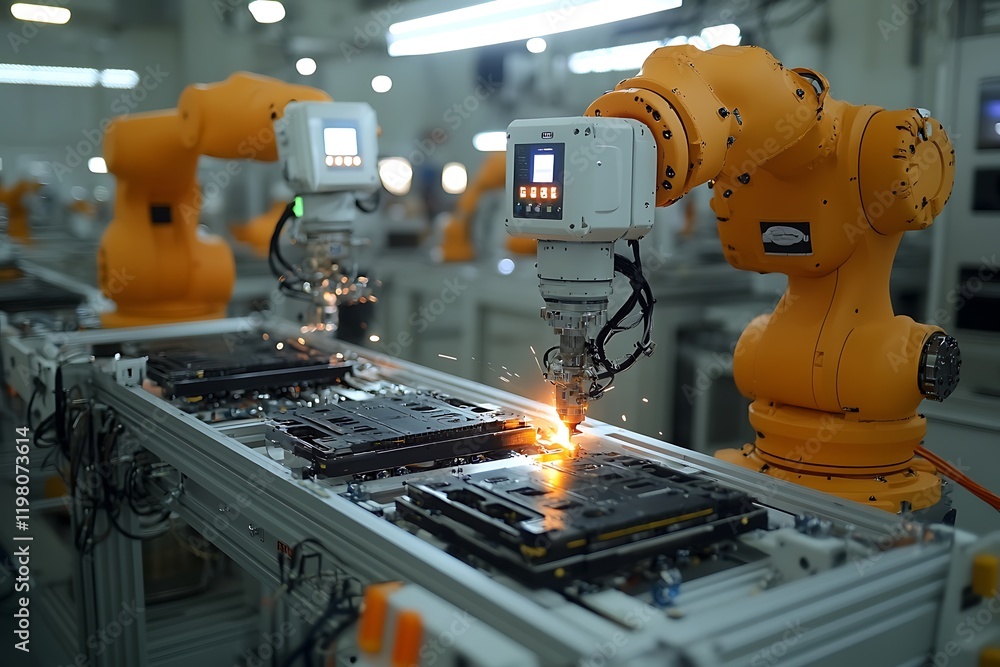 Poster automated robotic welding in a modern factory