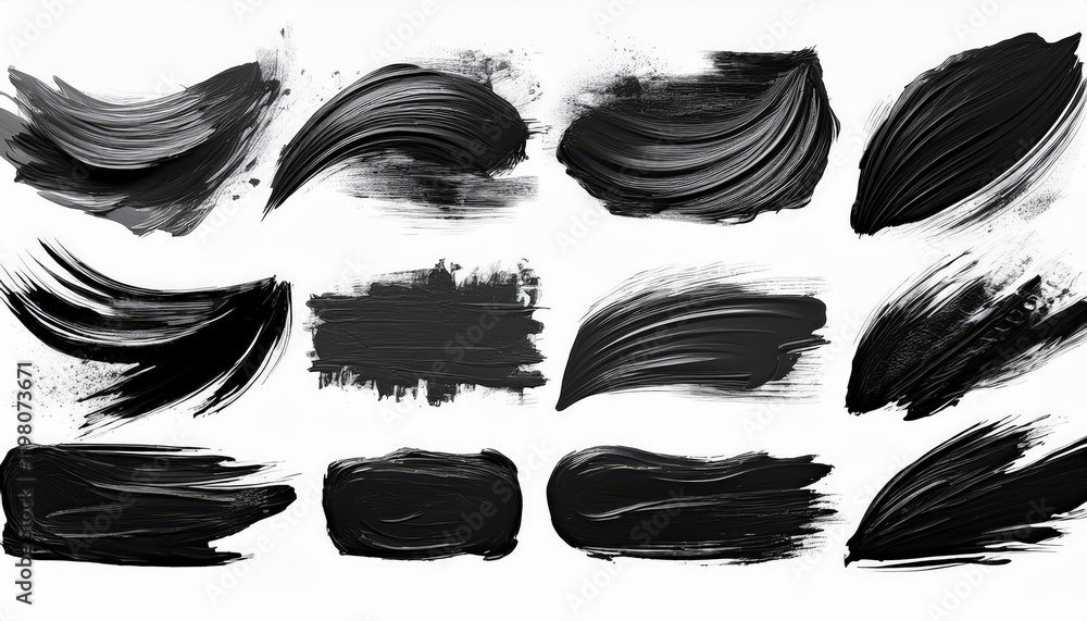 Poster striking black brushstroke set on transparent background modern artistic element for design projects