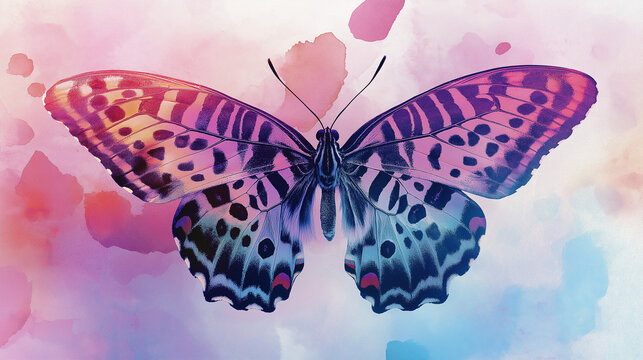 Print displaying a butterfly with wings decorated in animal motifs like leopard and zebra patterns. The watercolor backdrop, painted with soft brushstrokes, enhances the artistic appeal.