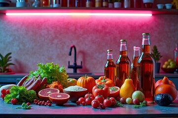 Vibrant kitchen counter with assorted fresh produce and bottles of apple cider vinegar