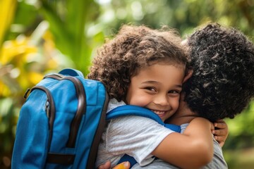 Emotional embrace between a parent and child on the first day of school
