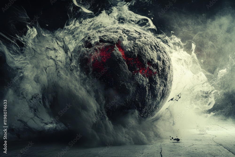 Poster dynamic explosion of dust surrounding a glowing orb in a dark environment
