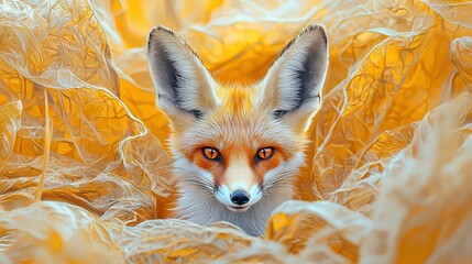 Fototapeta premium A yellow-orange leaf background shows the fox's face in sharp focus, while its blurry head is out of focus