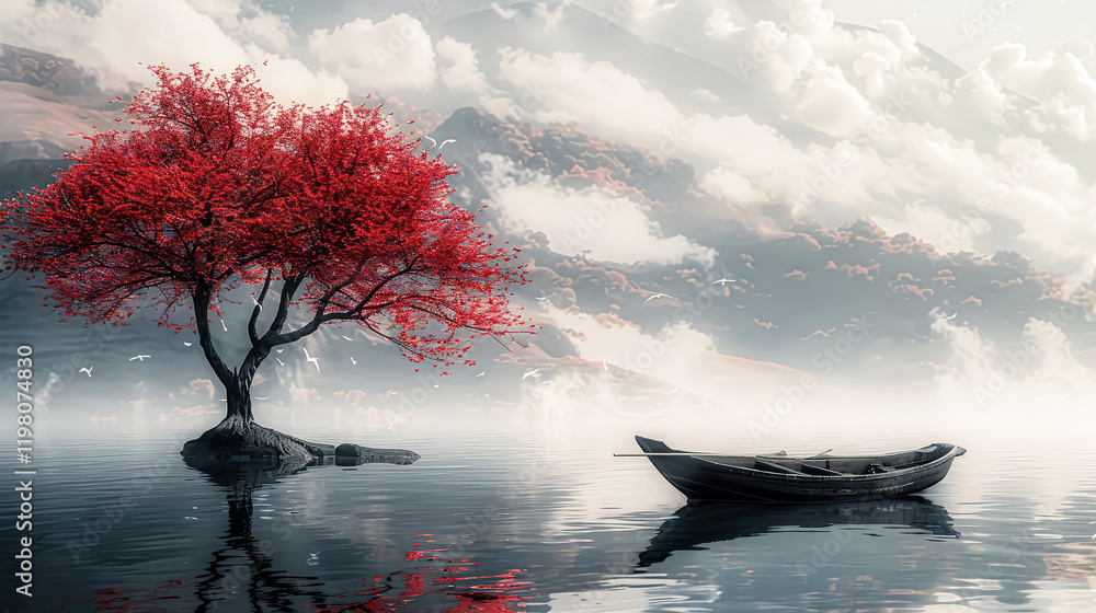 Poster boat is floating on a lake with a tree in the foreground. the tree is red and the water is calm. the