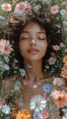 Top view of calm teenage woman lying among colorful spring wildflowers in nature.