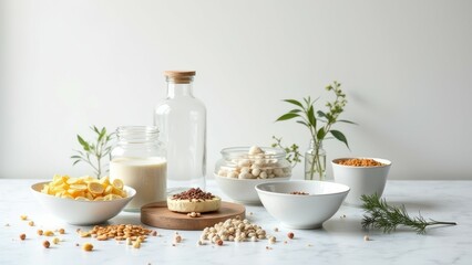 Assorted vegan ingredients on marble - soy milk, spices, citrus candies, grains