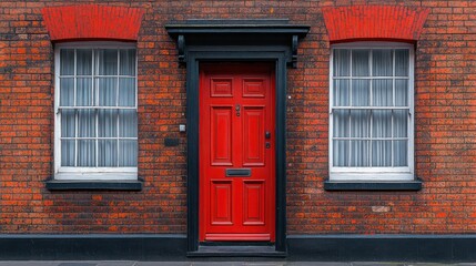 Fototapeta premium Vibrant red door and windows on a classic brick wall, showcasing architectural beauty in a serene neighborhood