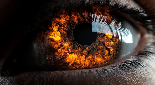 Fire surrounds the human eye, blending vision and numerological meanings