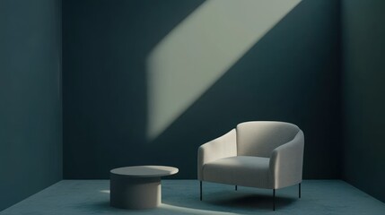 Sunlight streams into a minimalist room, illuminating a chair and side table; ideal for interior design