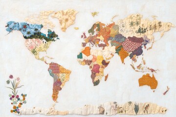 Colorful world map created with patchwork textile showcasing diverse regions, cultures, and landscapes represented through intricate fabric designs, perfect for decorative use