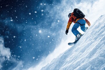 Snowboarder climbing a snowy mountain during a snowfall on a winter day