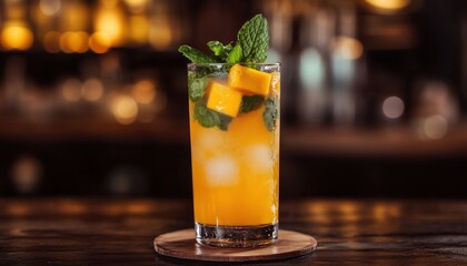 Refreshing Indian Summer Cocktail: Aam Panna With Mint And Green Mango. Indian Mango Mojito On A Wooden Board With Fresh Mango And Mint.