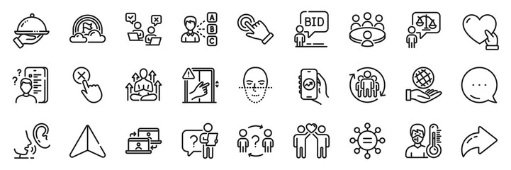 Dont touch, Whisper and Delegate question line icons pack. Share, Message, Paper plane icons. Lawyer, Restaurant food, Search employee web icon. Vector