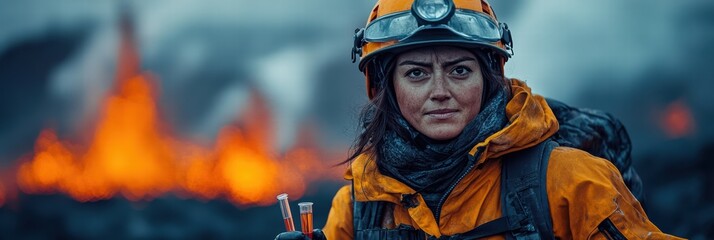 Volcanologist conducting research near an active volcano with test tubes in hand