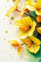 Fototapeta premium Yellow Flowers with Green Leaves on Watercolor Background