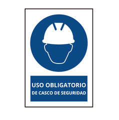 Blue uso obligatorio casco de seguridad sign on a white background (trad. safety helmet must worn)