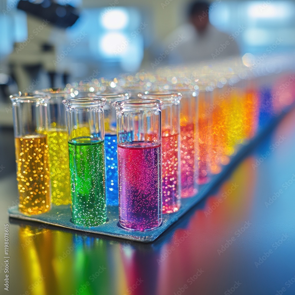 Poster colorful test tubes filled with various solutions and a microscope in a modern laboratory setting du