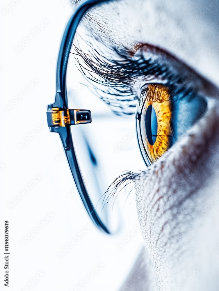 Aufkleber close up view of a human eye with glasses highlighting details of iris and eyelashes under bright li