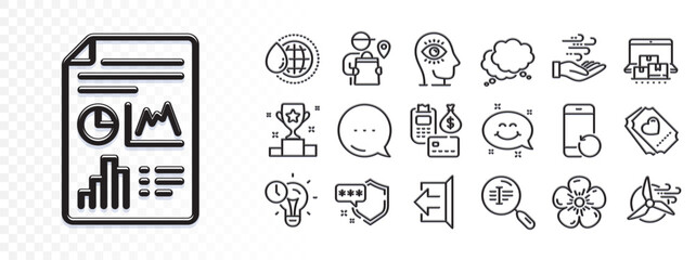 Delivery man, Love ticket and Shield line icons for web app. Glare of light effect. Message icon. Pack of Meditation eye, Windmill turbine, Speech bubble pictogram icons. Vector