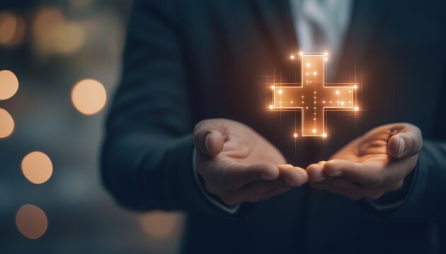 Businessman Holding Plus Sign Offering Positive Things, Added Value, Benefits, Opportunities, Growth Mind, Health Insurance, And Development Opportunities.
