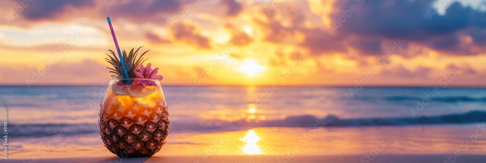 Poster enjoying a refreshing pineapple drink by the beach at sunset with beautiful ocean waves in the backg