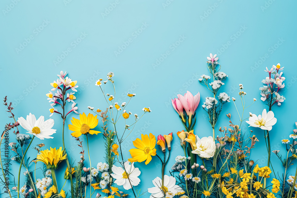 Poster blue background with a large assortment of flowers. the flowers are of various colors and sizes, and