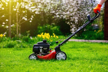 A person mows a lush green lawn with a gas-powered mower as sunlight glimmers through blossoming trees and vibrant flowers decorate the landscape.