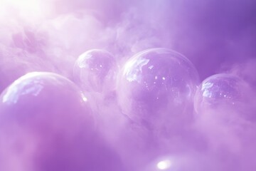 Ethereal bubbles floating in a purple mist create a dreamy atmosphere in a whimsical setting