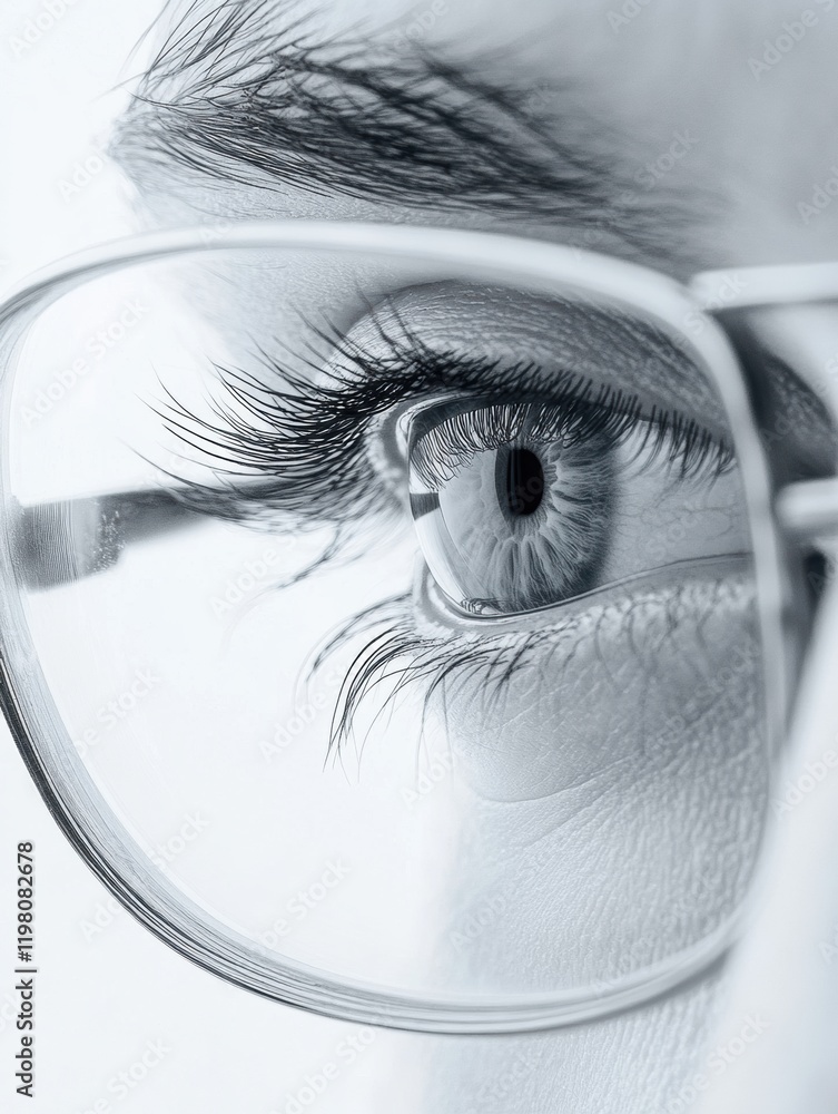 Poster close up of a human eye showcasing intricate details and reflections within the glasses during dayli