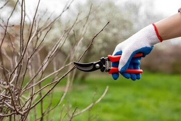 A hand wearing gloves is carefully pruning branches of a flowering plant. The garden is vibrant with blossoms, indicating spring's arrival and the importance of maintenance.